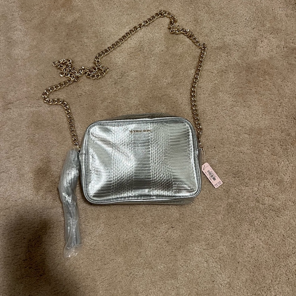 Victoria's Secret Silver Crossbody Bag with Gold Chain
